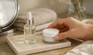 Dłoń sięga po krem, obok serum. Czy na serum trzeba nakładać krem? Pielęgnacja skóry w łazience.