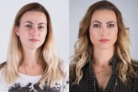 Przed i po: metamorfoza z naturalnego wyglądu do efektownego makijażu do sesji zdjęciowej.