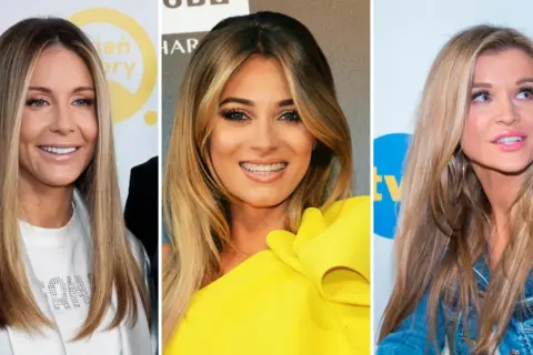 Trzy kobiety z długimi, blond włosami. Jedna w białej marynarce, druga w żółtej sukni, trzecia w dżinsowej kurtce.