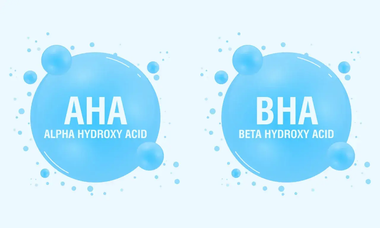 Dwa bąbelki z napisem AHA (Alpha Hydroxy Acid) i BHA (Beta Hydroxy Acid), symbolizujące składniki kosmetyków.
